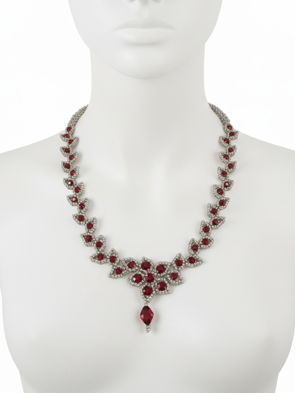 Silver-Tone Necklace with Red Crystal Accents